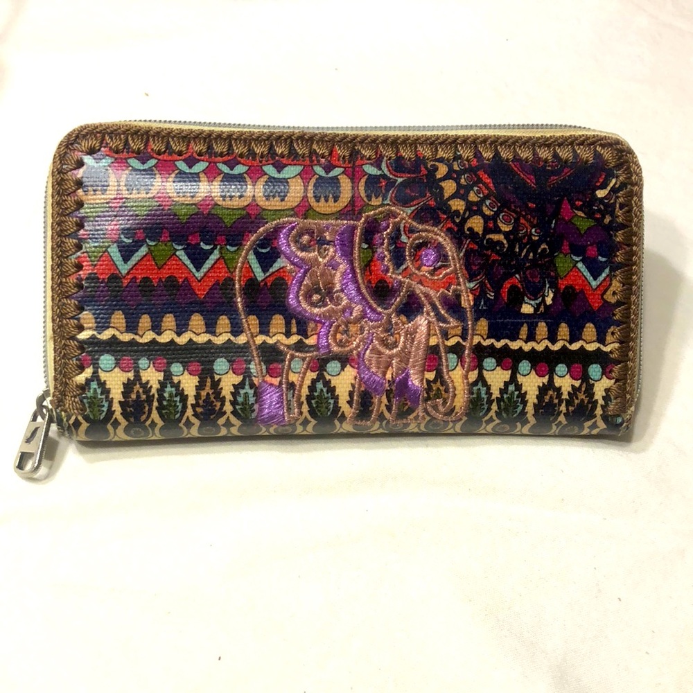 Sakroots  embroidered elephant zip around wallet